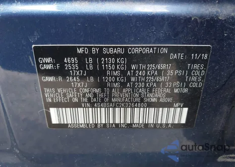 2019 Subaru Outback 2.5I Premium z USA, uszkodzony, nr VIN 4S4BSAFC2K3264800